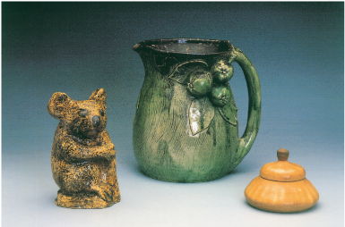 Merric Boyd, Koala, 1915, earthenware; Jug, 1926, earthenware; Jar with Gumnut, 1937, earthenware. All works collection of Shepparton Art Gallery, Victoria; photo: courtesy Shepparton Art Gallery