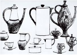 Selection of designs for pottery shapes by David; photo: The Pottery and Ceramics of David and Hermia Boyd by John Vader, page 98