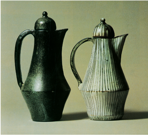 David and Hermia Boyd, Coffee pots, 22cm and 23.5cm. Both terracotta and both tin glazed. One has a metallic copper glaze with manganese, the other sgraffito and copper oxide. England 1966. photo: The Pottery and Ceramics of David and Hermia Boyd by John Vader, page 115